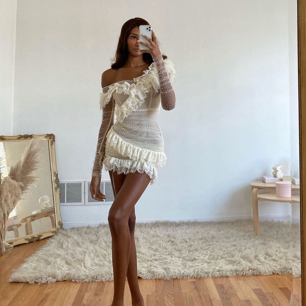 NWT House of CB SORREL IVORY LACE FRILL MINI DRESS Size Medium